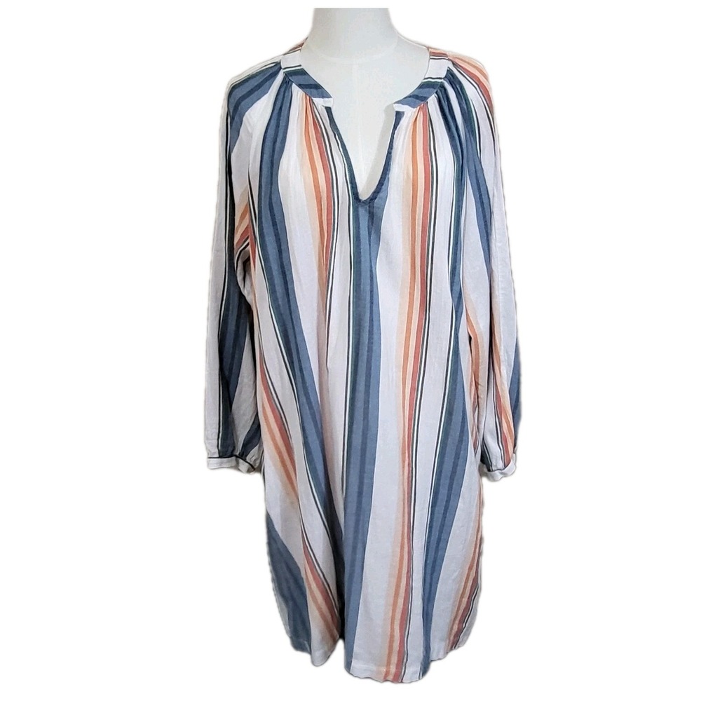 Xirena Dress Womens Large Multicolor Striped Cotton Shift Long Sleeve Boho Beach